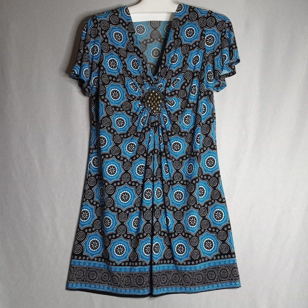 NY Collection Tunic Top Short Sleeve Teal/Black Women's Sz. Lg.